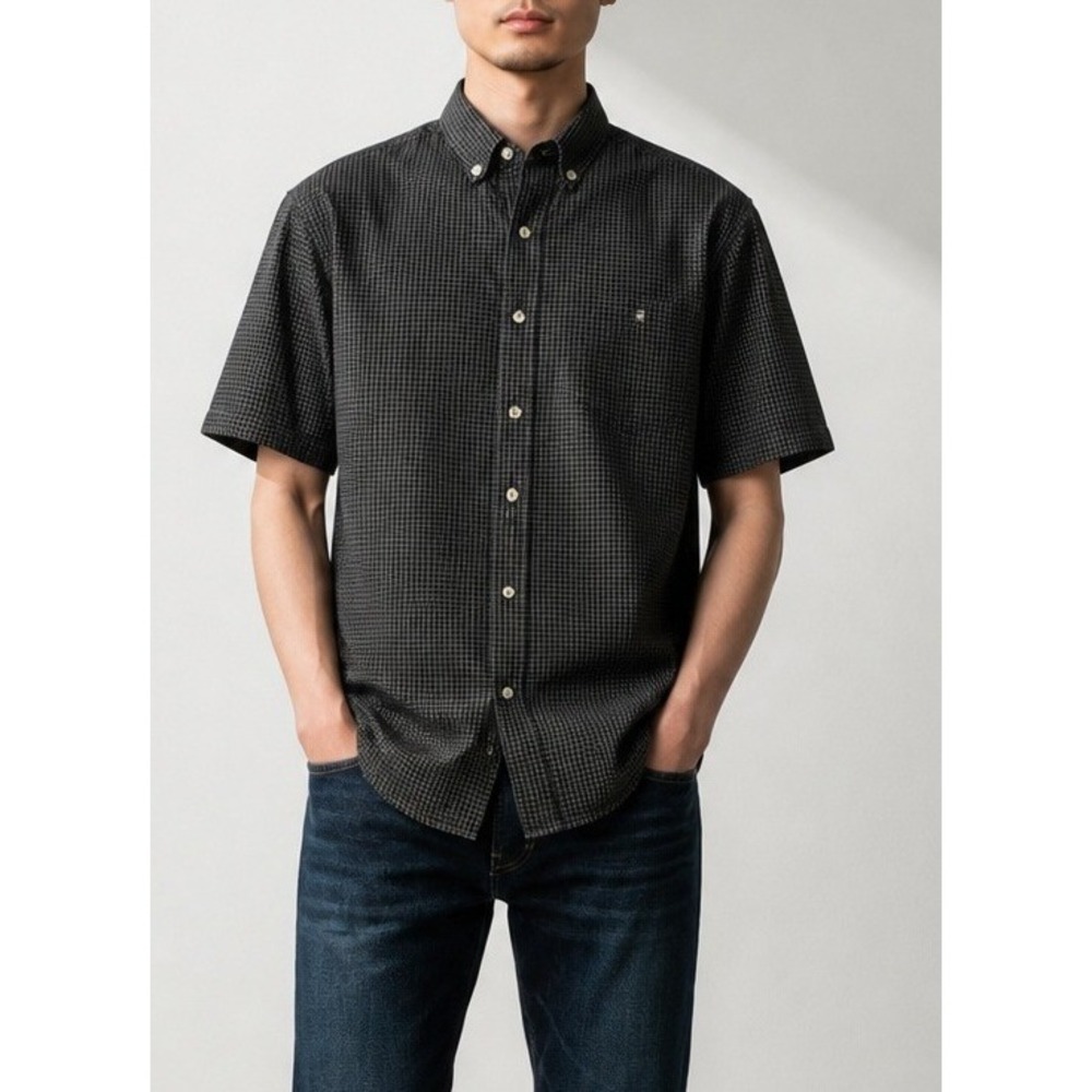 Van Heusen Mens‎ Small 14-14.5 Black Micro Grid Short Sleeve Button Down Shirt